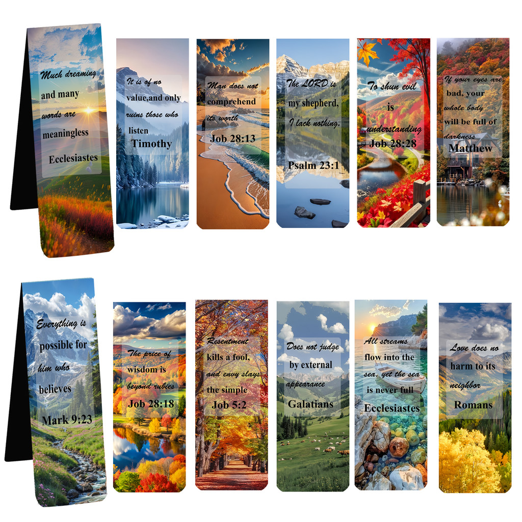 

12PCS Scripture Favorites with Abstract Scenic Bookmark Magnetic Pastel Design Inspirational Magnetic Bible Verse Bookmark