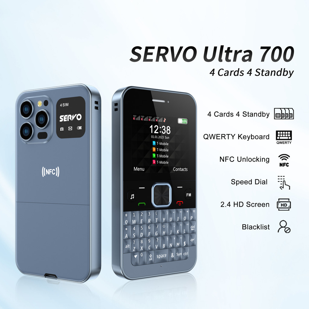 SERVO Ultra700 QWERTY Keyboard Mobile Phone Call Recorng Flashlight FM MP3 NFC Unlocking 4 SIM Stand