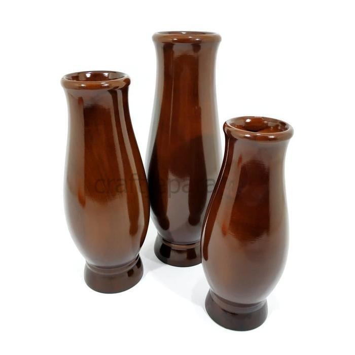 Vas Pot Bunga Guci Polos 1 Set Isi 3 Buah Kerajinan Kayu Jati Pajangan CJ3475