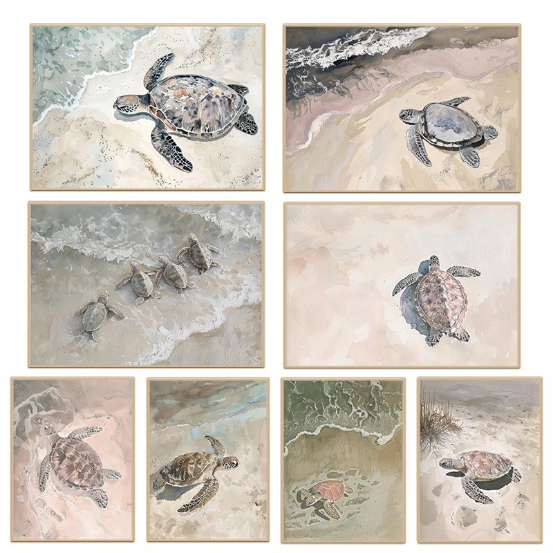 

Watercolor Serene Ocean Sea Turtle Poster Beach Coastal Calming Seascape Canvas Painting Wall Art for Living Room Home Decor