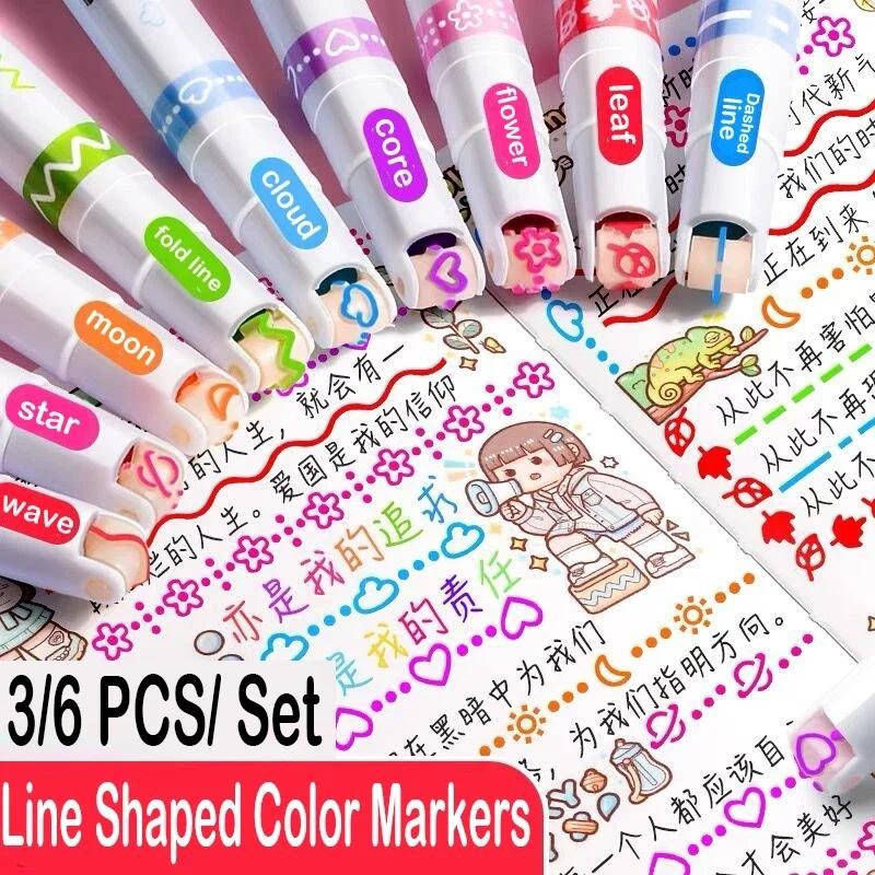 

3/6Pcs/set Kawaii Flowers Line Shaped Highlighter Pens Roller Tip Curve Liner Marker for Writing Journaling Drawing Stationery