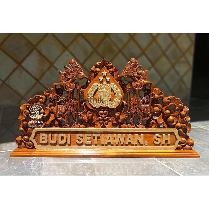 papan nama meja ukir kayu jati ukir wayang kresna logo custom polri