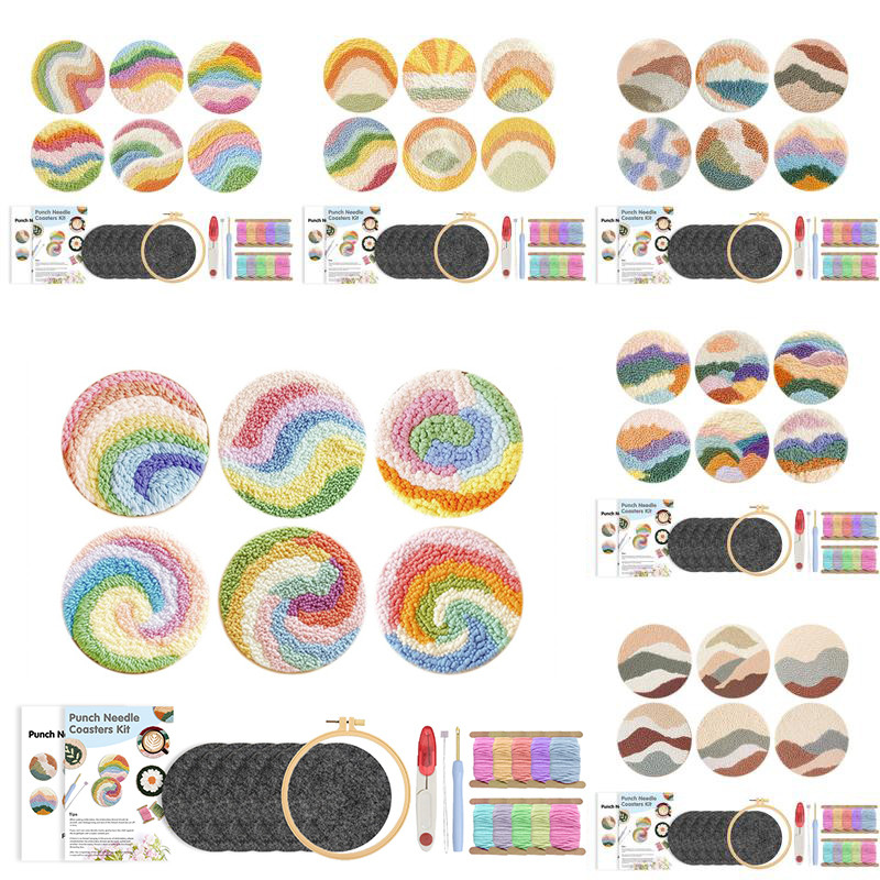 

GATYZTORY 6pc/Sets Landscape Embroidery Kit Punch Needle Coaster Set For Beginner Art Craft Punch Needle Supplies Tufted Coaster