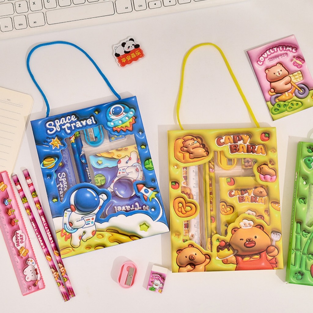 

6pcs Cartoon Stationery Set Cute Pencil Eraser Set Student Pencil Sharpener Stationery Gift Box Learning Stationery