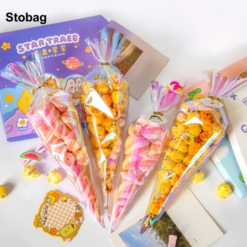 

StoBag 50pcs Laser Color Candy Popcorn Packaging Bags Transparent Plastic Kids Children for Gift Food Storage Party Birthday