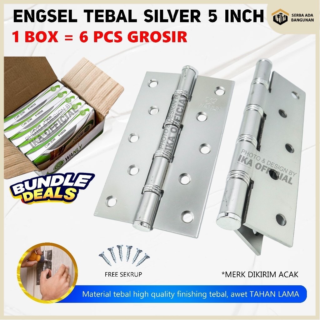 SAB PROMO ONGKIR [6 Set] Engsel Bearing Pintu Jendela Door Hinge 5" Inch Silver / Grosir 6 Pasang en