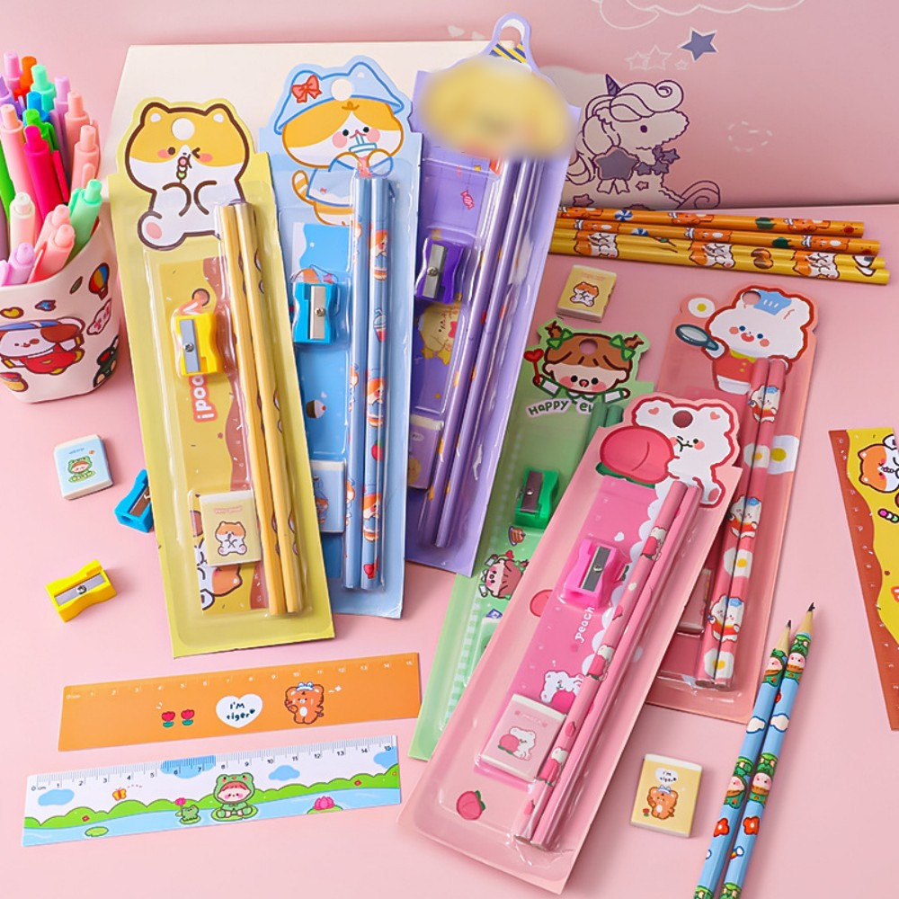 

5pcs/set Cute Cartoon Pencil Stationery Set Children Student Back To School Stationery Supplies Kawaii Kids Prize Gift