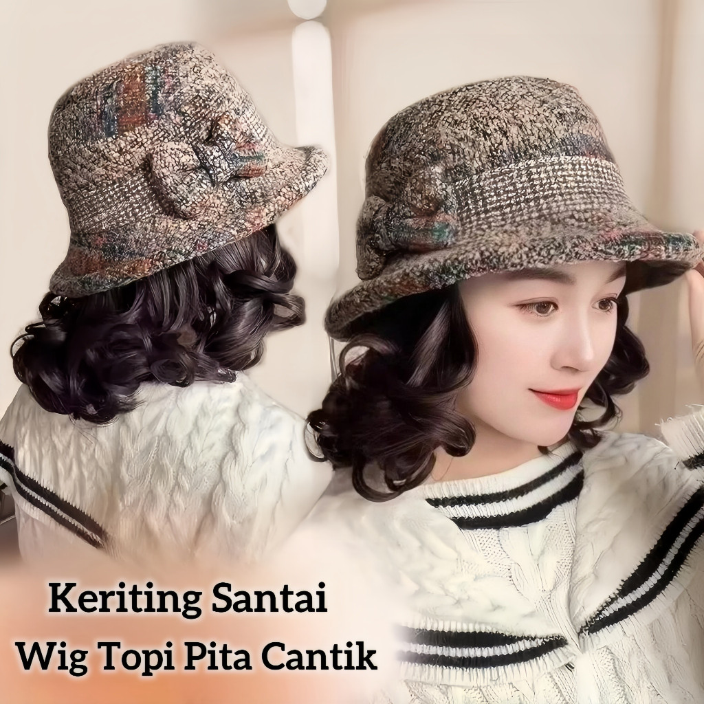 Topi Wig Satu Pendek Rambut Keriting, Topi Wig Wanita Mode Kotak-kotak Nelayan Topi Wol Bowler  topi