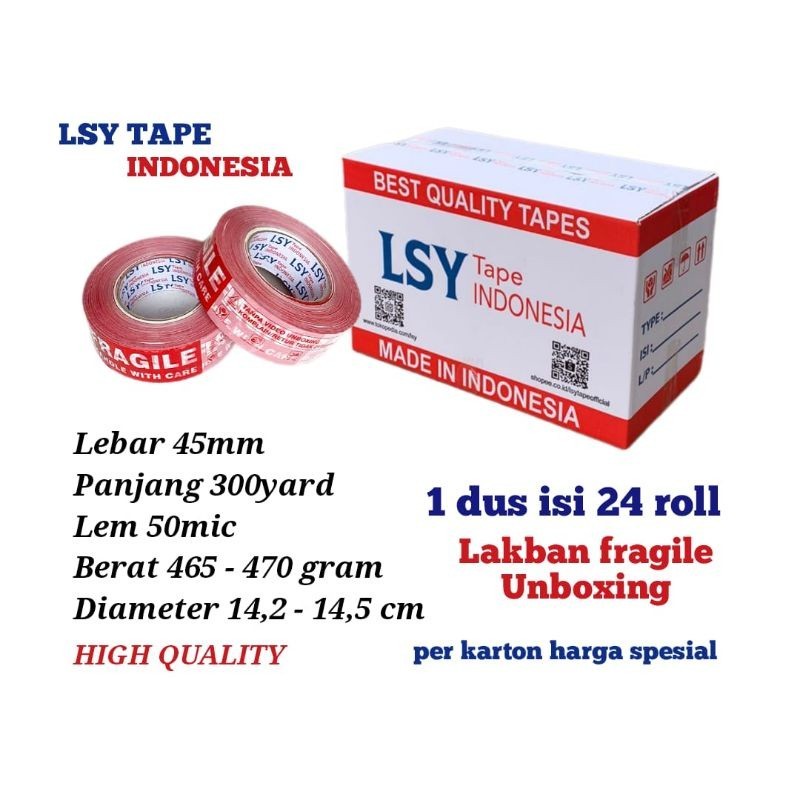 

lakban fragile unboxing mix 300yard 1 dus isi 24 roll LSY TAPE INDONESIA