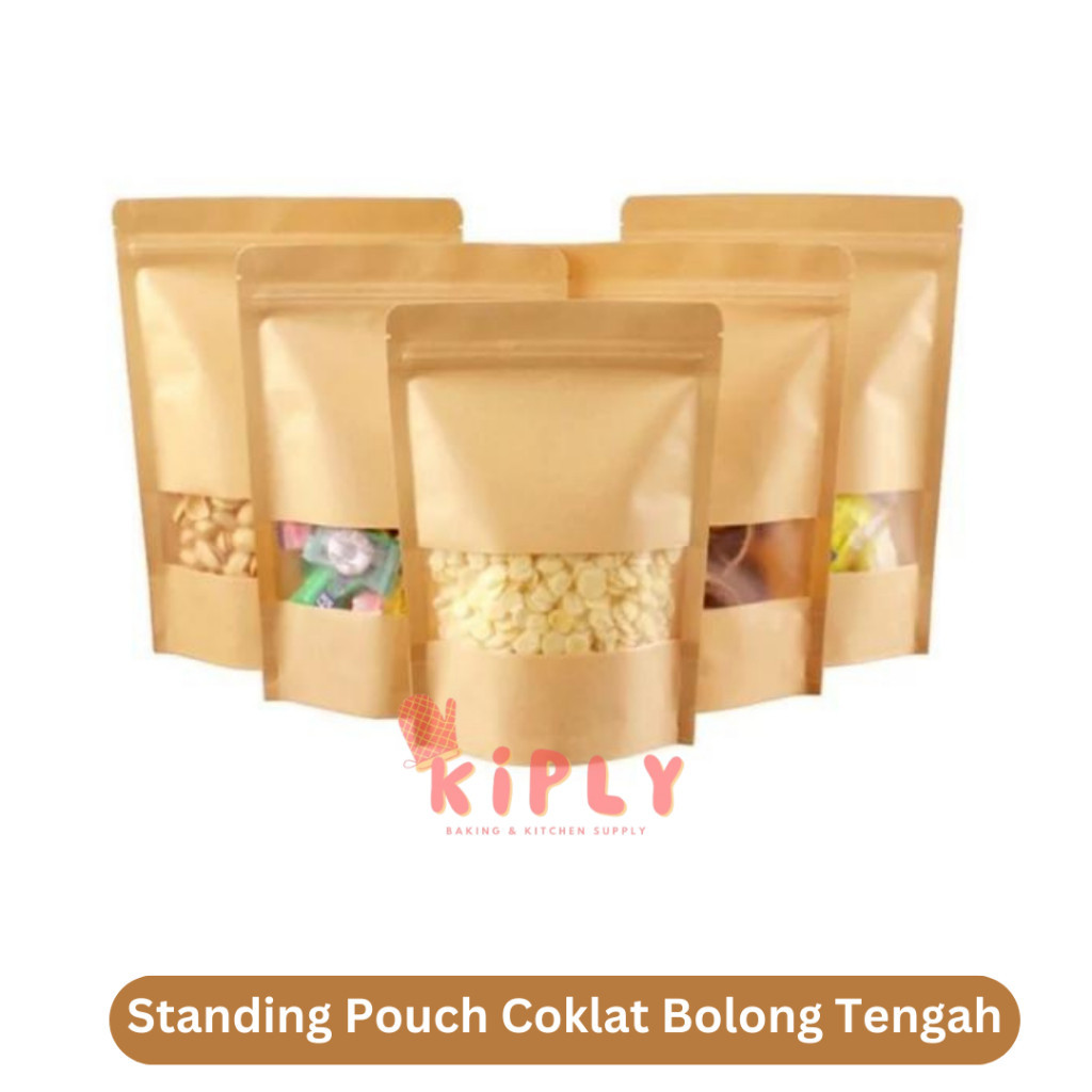 Standing Pouch Coklat Bolong Tengah/Standing  Pouch Kraft  Paper  Coklat Window/Standing Pouch Kraft
