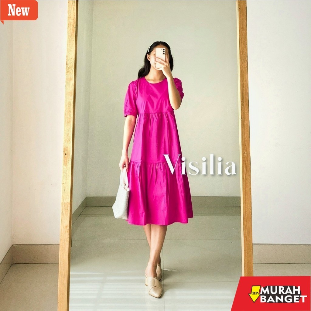 dress wanita kekinian [VISILIA] Cinderella Dress | Korean Midi Babydoll Dres Warna Fuschia Pink Barb