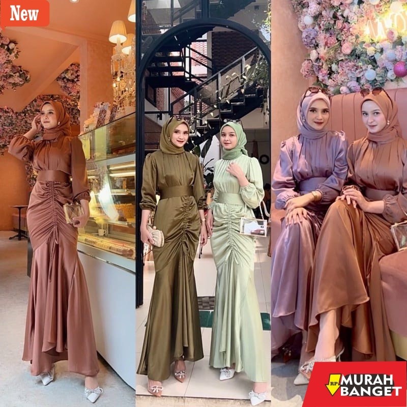 dress wanita kekinian Dress serut satin remaja wanita casual hangout ootd style kondangan fashion mu