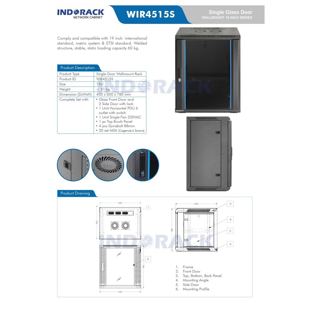 Indorack Wallmount Rack WIR4515S 15U 450mm Rak Server Internet Wifi PC
