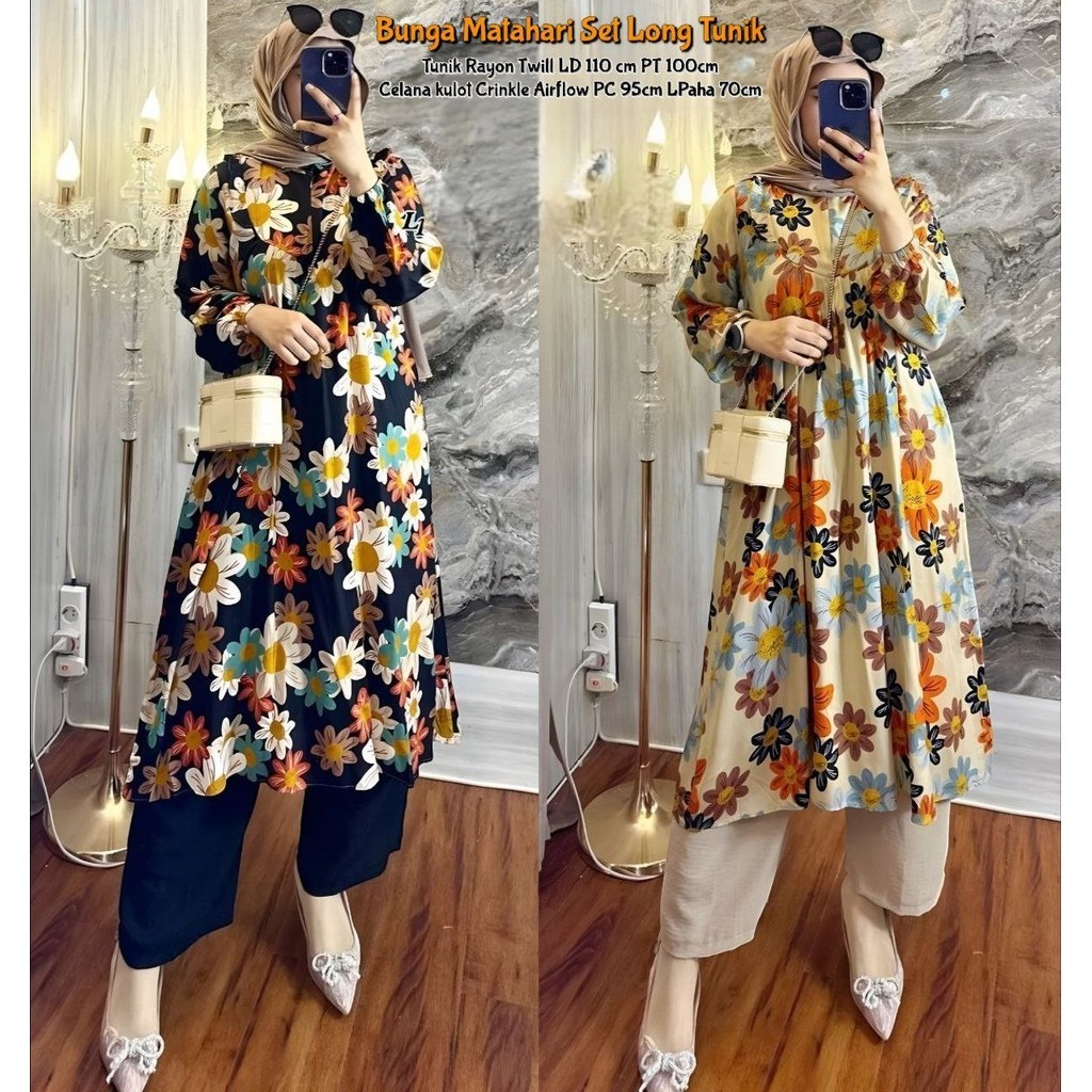 Bunga Matahari Set Tunik One Set Wanita Long Tunik Rayon Twill Baju Setelan Wanita Kekinian Celana