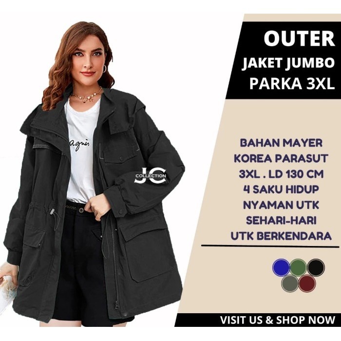 JUMBO JAKET PARKA WANITA HOODIE +KANTONG TEBAL NYAMAN LD 130 - Hitam, LD 130