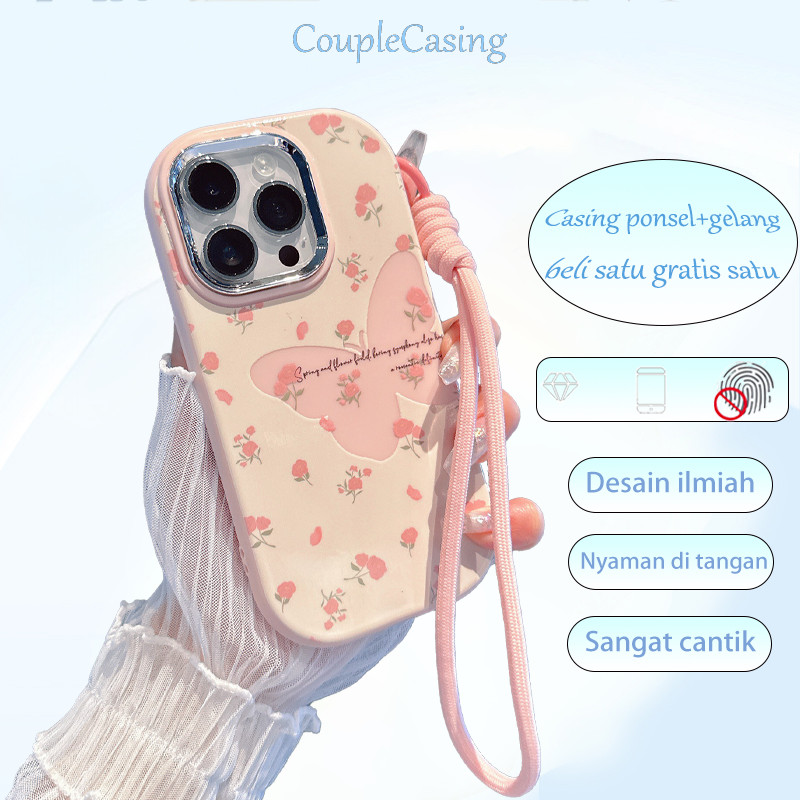 Gelang+Casing TPU Soft Case Case Butterfly iPhone Lucu Pink Case Hp iPhone 11 12 13 14 15 Pro Max X 