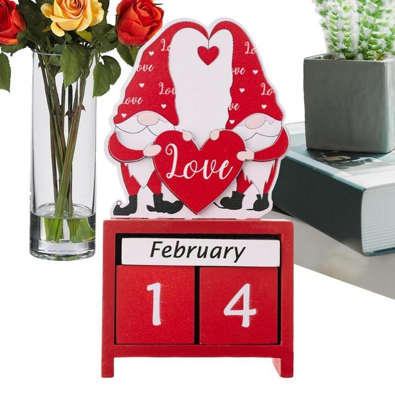 

Valentines Day Calendar Decor 3D Tabletop Decor Desk Calendar Wooden Table Centerpieces Gnome Heart Ornaments Desktop Calendar