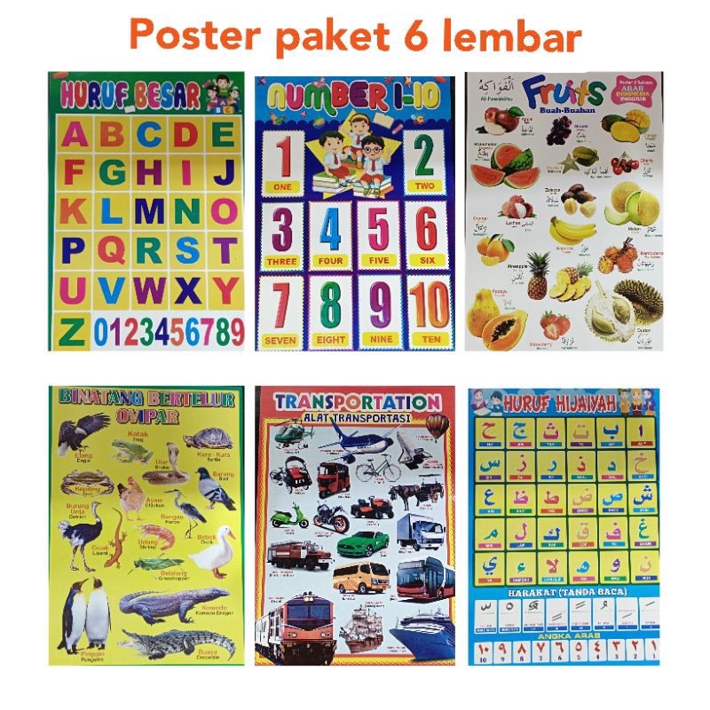paket 6 lembar poster edukasi anak| huruf besar/transportasi/1-10/buah/hijaiyah/hewan