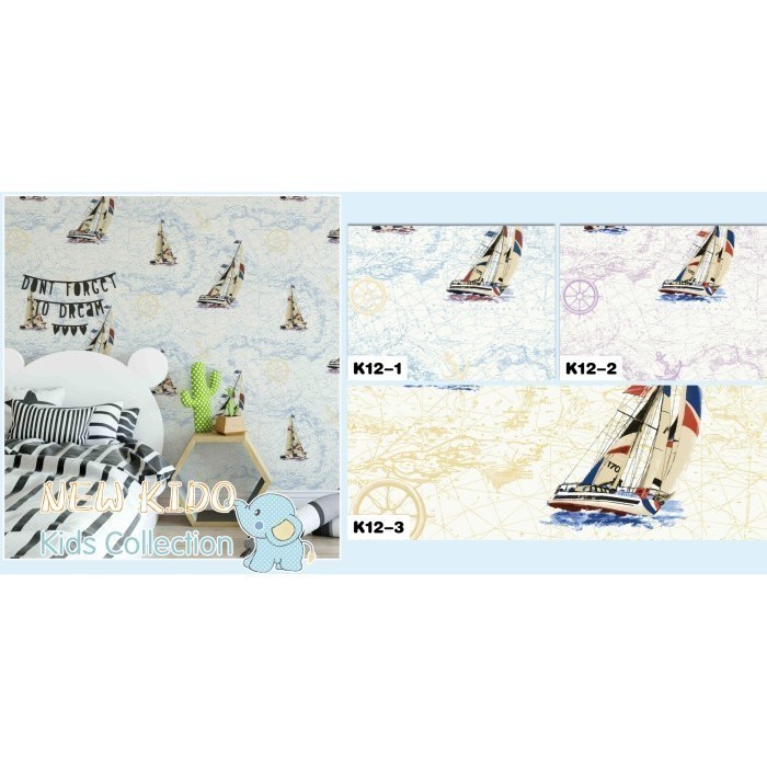 WALLPAPER DINDING RUANG ANAK MOTIF KAPAL LAUT ADVENTURE BIRU VINTAGE