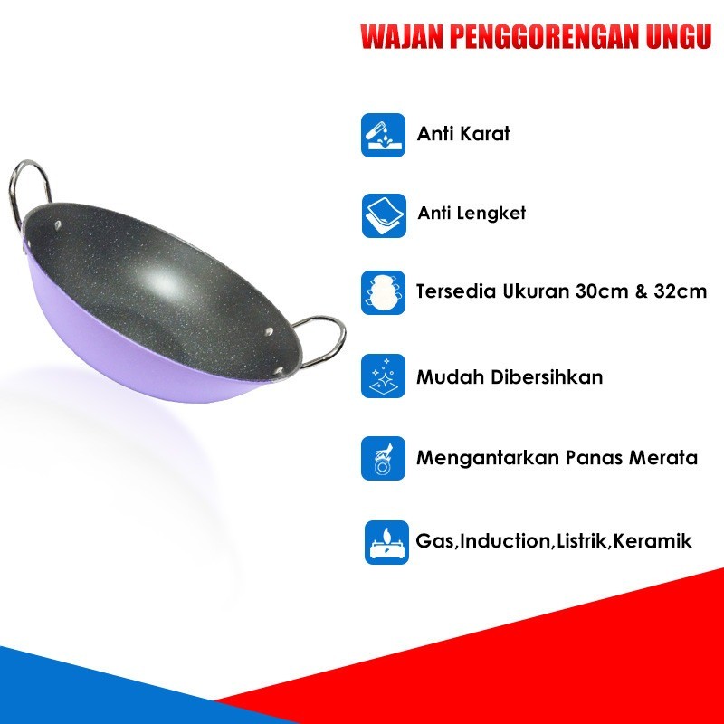 AR Panci Ukuran 30cm & 32cm Wajan Penggorengan Warna Ungu Anti Lengket 32 cm Wajan Kuping Multifungs