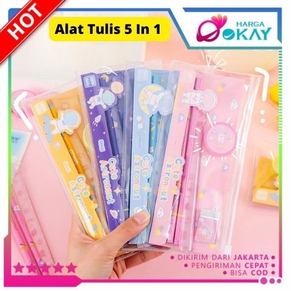 

HO Alat Tulis Set Mini Anak Sekolah Penghapus Penggaris Pensil Serutan Stationary Set Alat Tulis 5 In 1 Karakter Lucu Warna-Warni Astronot Stationary