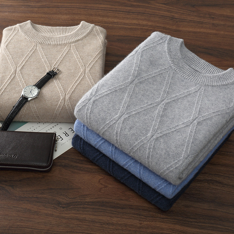 Winter New 100% Cashmere Sweater Men's Round Neck Long Sleeve Jacquard Sweater Thickened Business Le