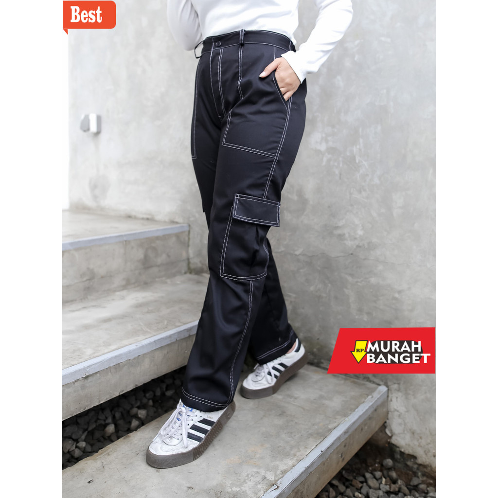 celana cargo panjang pria CELANA CARGO LIST BLACK S-XXXXL | CELANA PANJANG PRIA WANITA SAKU KEMPOL