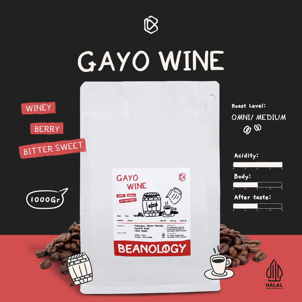 

Biji kopi bubuk Arabika Gayo Wine 1KG Single Origin Grade 1 Coffee Roasted Bean -Beanology Coffee