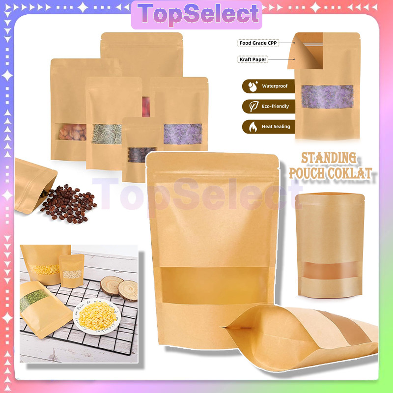 Kemasan Snack Makanan/Standing Pouch Craft Windows Warna Coklat/ Kemasan Kopi/ Kertas Paper Ziplock/