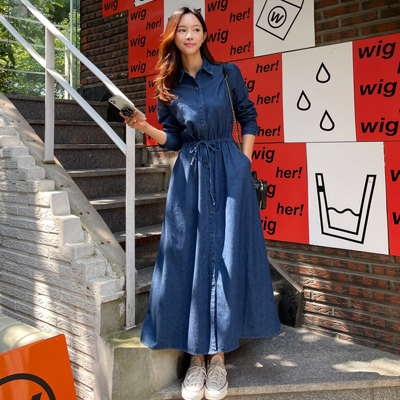 Gaun vintage denim Korea, lengan panjang/rok Korea