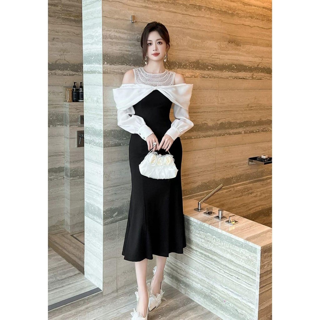 FOLADY - P210 Dress Wanita Import Dress Sabrina Model Duyung Lengan Panjang Keunikan Leher Bulat Bli
