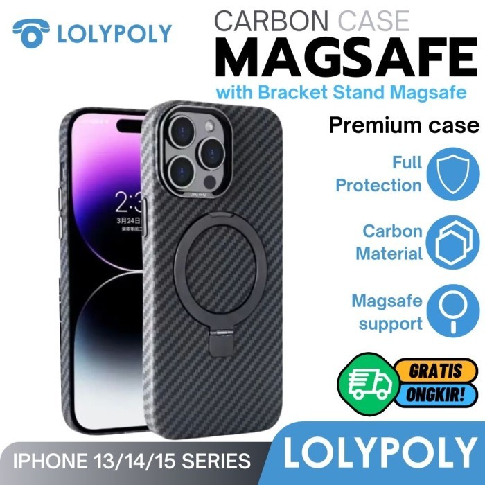 PROMO HOT Case Carbon Magsafe LOLYPOLY With Stand Holder For iPhone Series - iP 13/14, Dark Blue