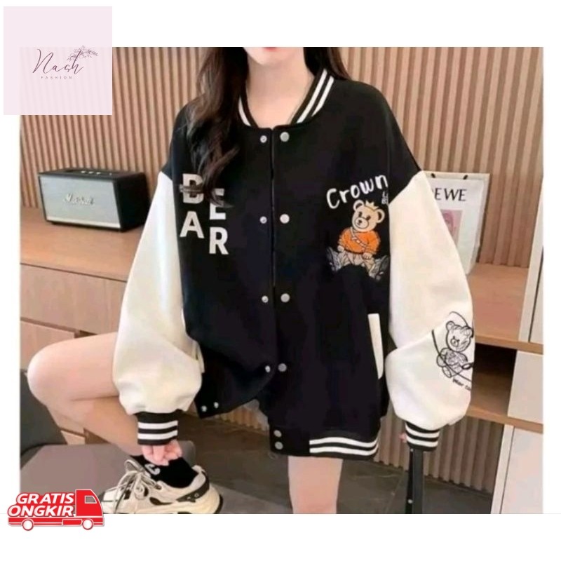 Jaket Korea / CROWN BEAR JAKET BASEBALL VARSITY WANITA OVERSIZE KOREAN STYLE