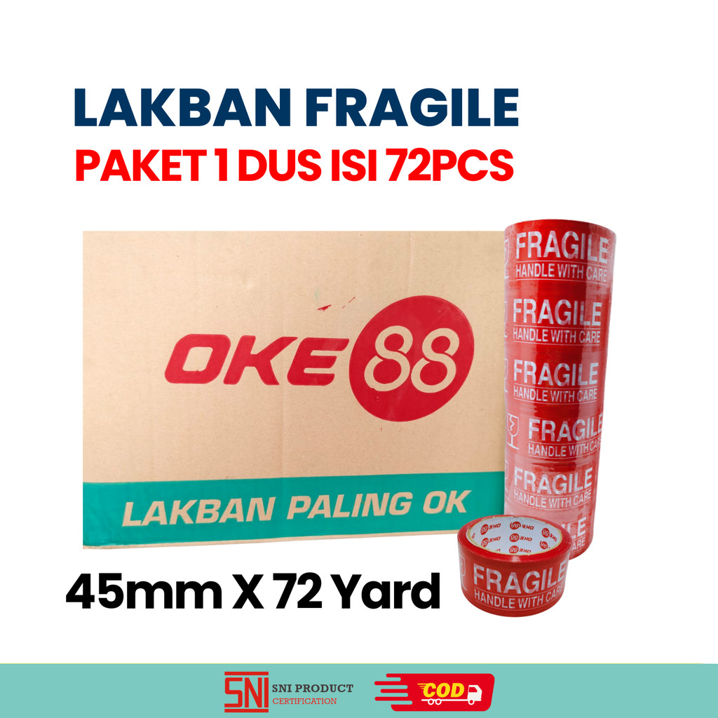 

PAKET 1DUS 72pcs Lakban FRAGILE Merah 45mm x 72 Yard Tape Jangan dibanting