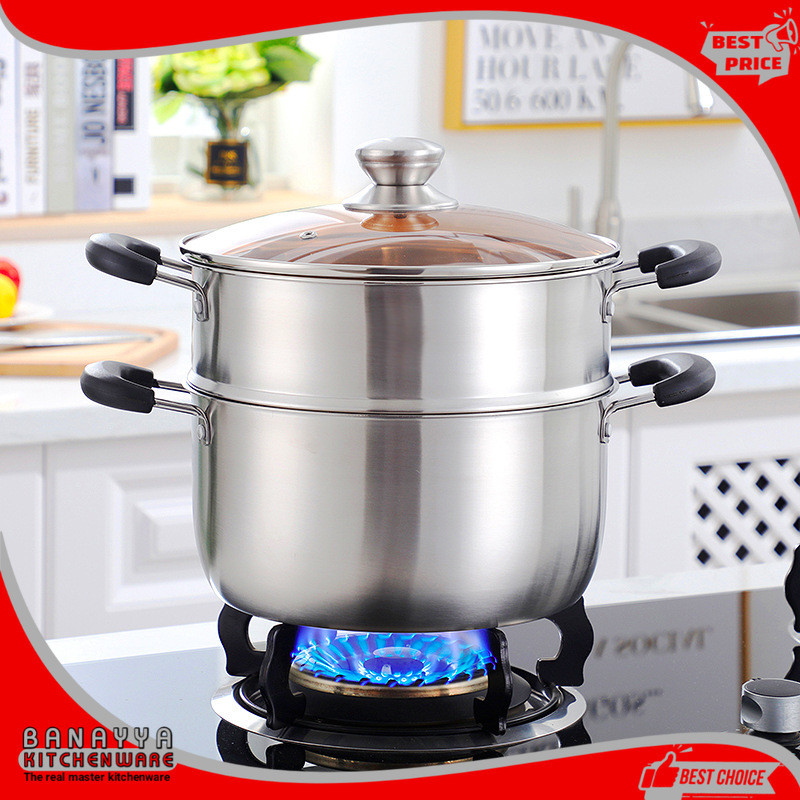 Panci kukusan korean Soup pot Berlin Panci Steamer Susun Tebal Stainless Steel Ukuran 22 24 26 28 30