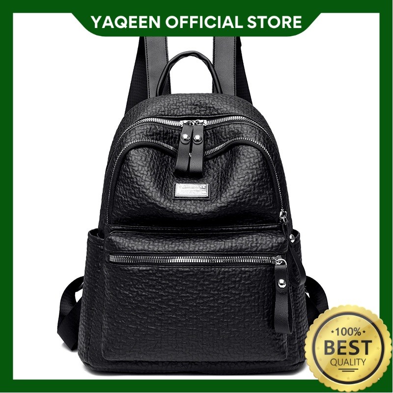 YAQEEN - TAS RANSEL WANITA KOREA CULTIVA KULIT CROCO HITAM TA717B5 BACKPACK SEKOLAH CEWEK BATAM KERJ
