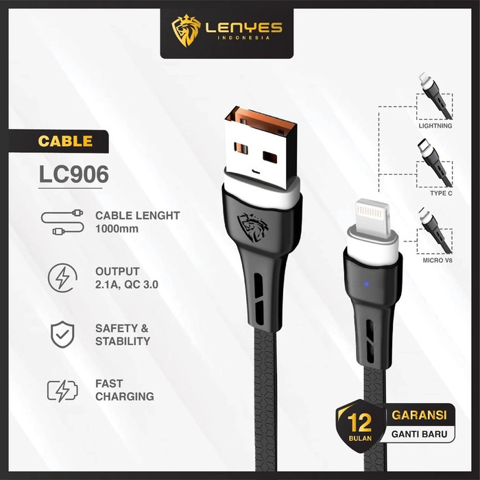 LENYES LC906 Micro Type C Lightning Breathing Light Cable QC 3.0 Premium Edition - anti putus Anti k