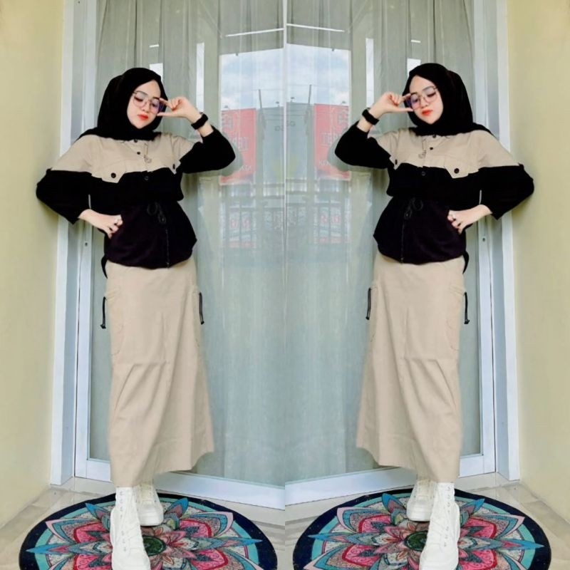 ISYANA SETROK CARGO SETELAN ONE SET ONESET MUSLIMAH TERMURAH BTCSOLO PANJANG JUMBO BESAR PREMIUM WAN