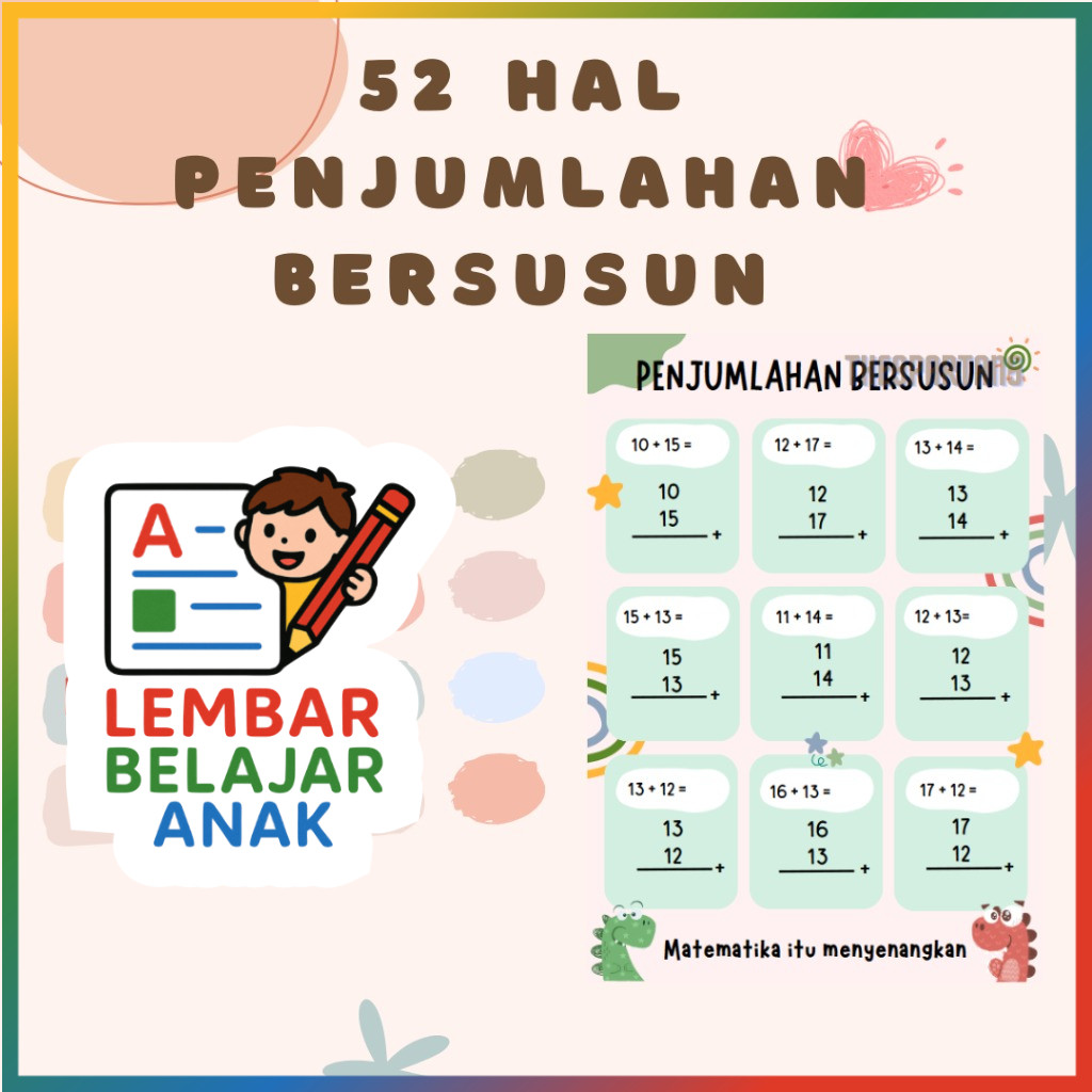 Cetak Full Color 52 Halaman Latihan Penjumlahan Bersusun - Printable Worksheet Matematika