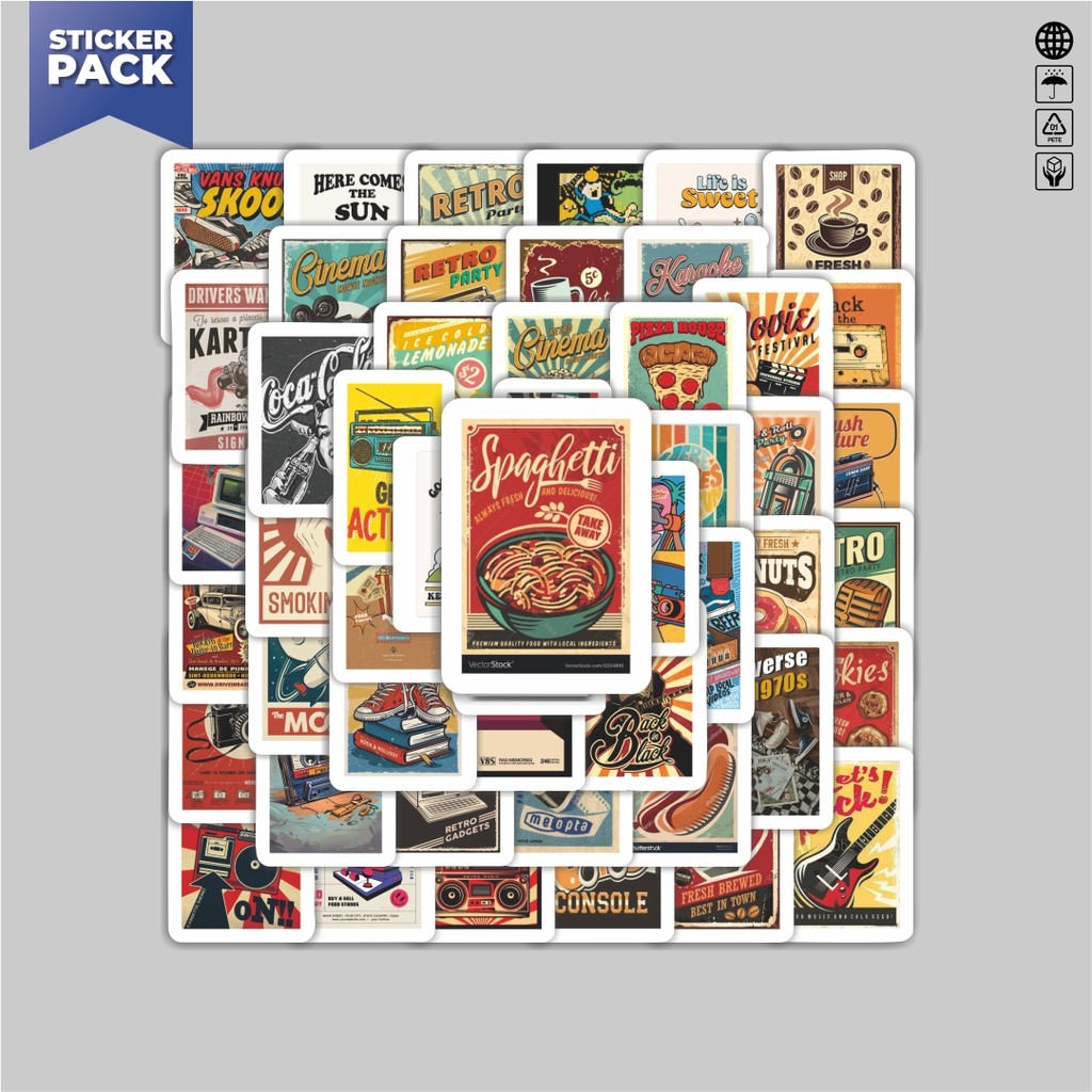 

[100PCS]Stiker Pack Stiker Poster Retro Aesthetic Vinyl Anti Air Dekorasi Sticker Laptop Buku Journal Koper Helm Casing HP Gitar Helm Skateboard