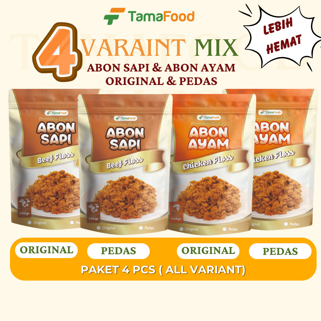 

Tamafood - Paket MIX 4pcs All Variant / Abon Sapi 2pcs Original dan Pedas | Abon Ayam 2pcs Original dan Pedas