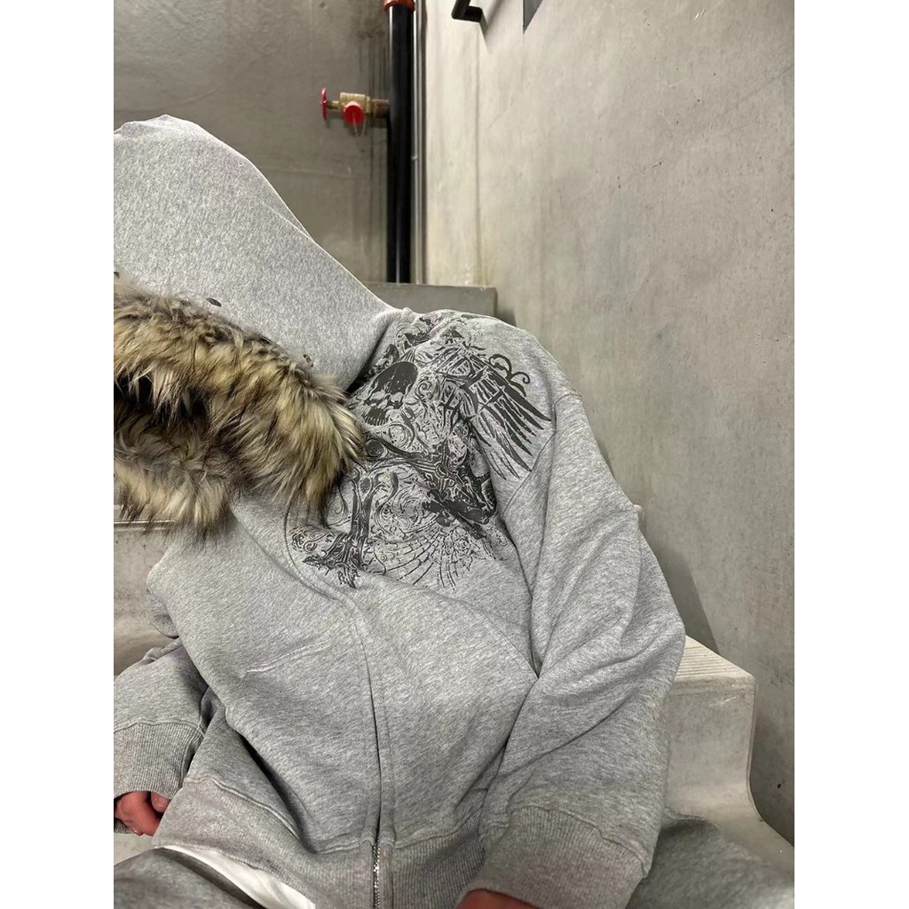 American Gothic Skeleton Bone Pattern Oversized Hoodie Men's Y2K Street Hip Hop Loose and Versatile 