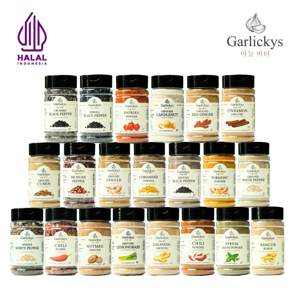 

GARLICKYS Bumbu Marinasi Serba Guna Bawang Putih Paprika Parsley Lada Merica Hitam Putih Ngohiong Italian Herbs Oregano Kaldu Ayam Jamur Sapi Kayu Manis Kemiri Kunyit Ketumbar Pala Jahe Merah Bubuk Sichuan Pepper Sesame Chili Flakes