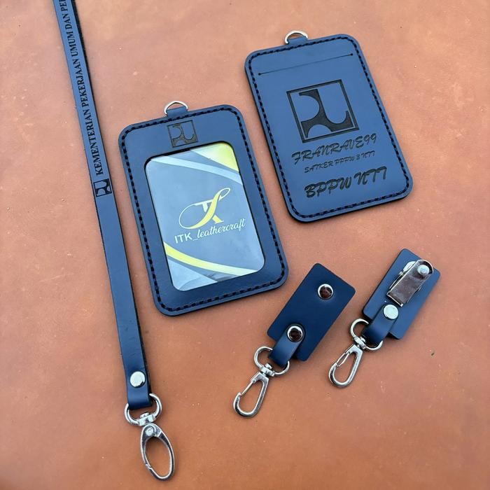 

name tag kulit asli name tag kulit custom lanyard id card kulit - Biru Navy