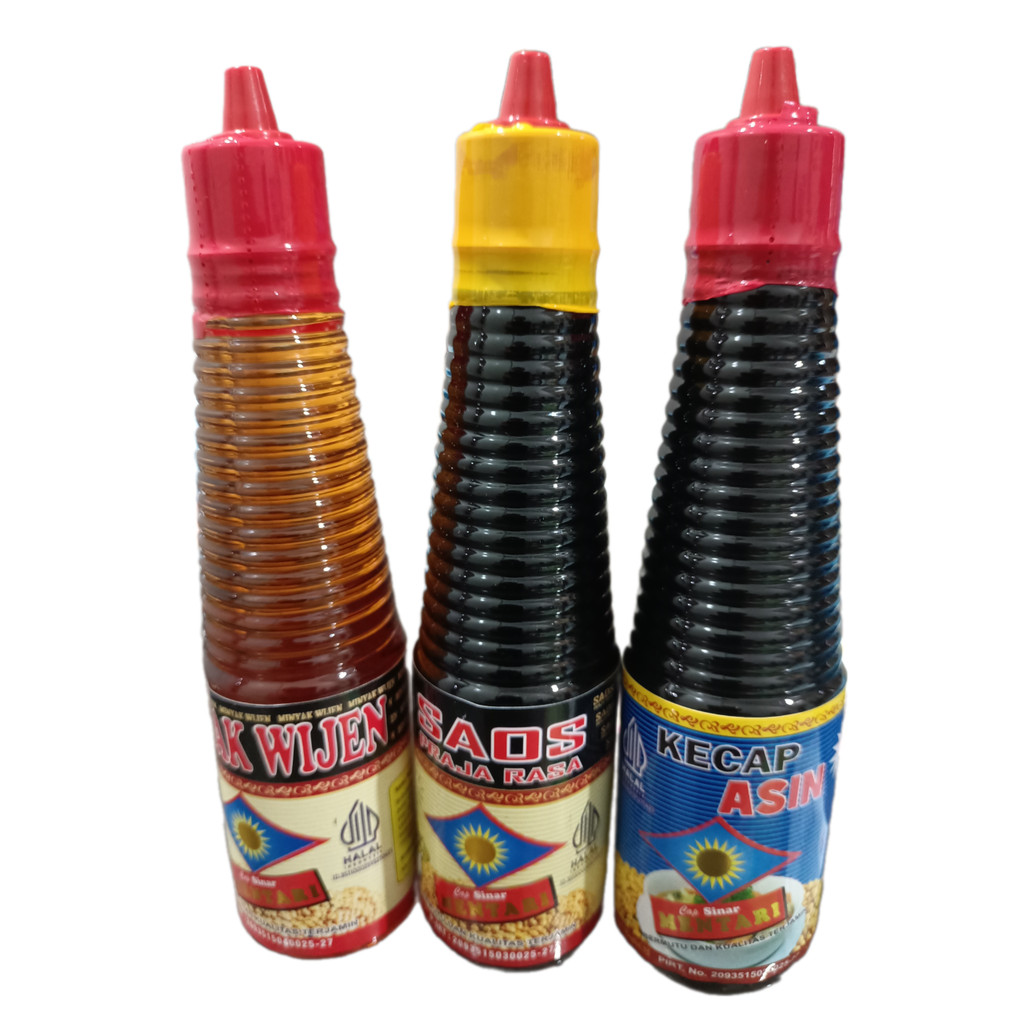 

Paket Hemat Isi 3 Botol Cap Sinar Mentari 150 Ml - Minyak Wijen, Saos Praja Rasa, Kecap Asin