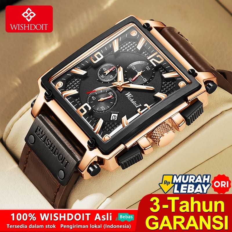 WISHDOIT Jam Tangan Pria Anti Air Kulit Berkualitas Tinggi Kalender Bercahaya Multifungsi Jam Fashio