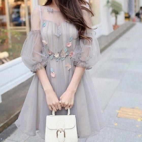 Premium Midi Dress Floral Elegant Lace Pastel Grey Wedding Party BS