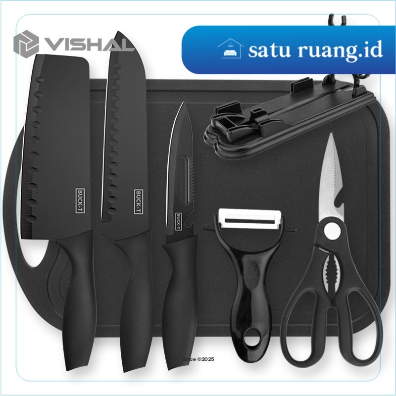 SatuRuang.Id -  PISAU SET 7 IN 1 KITCHEN KNIFE SET/Pisau Dapur Set Talenan Premium Poenscae Pisau Ke