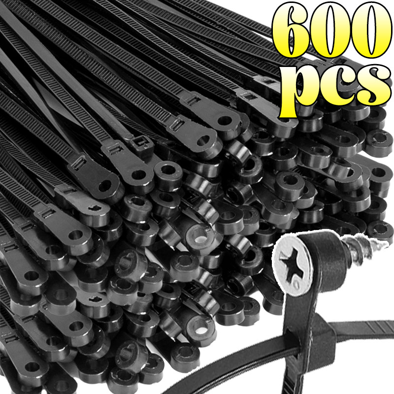 

100/600PCS Nylon Cable Ties with Screw Mounting Hole Self Locking Loop Wraps Bundle Fixed Cables Zip Tie Wire Fastening Straps