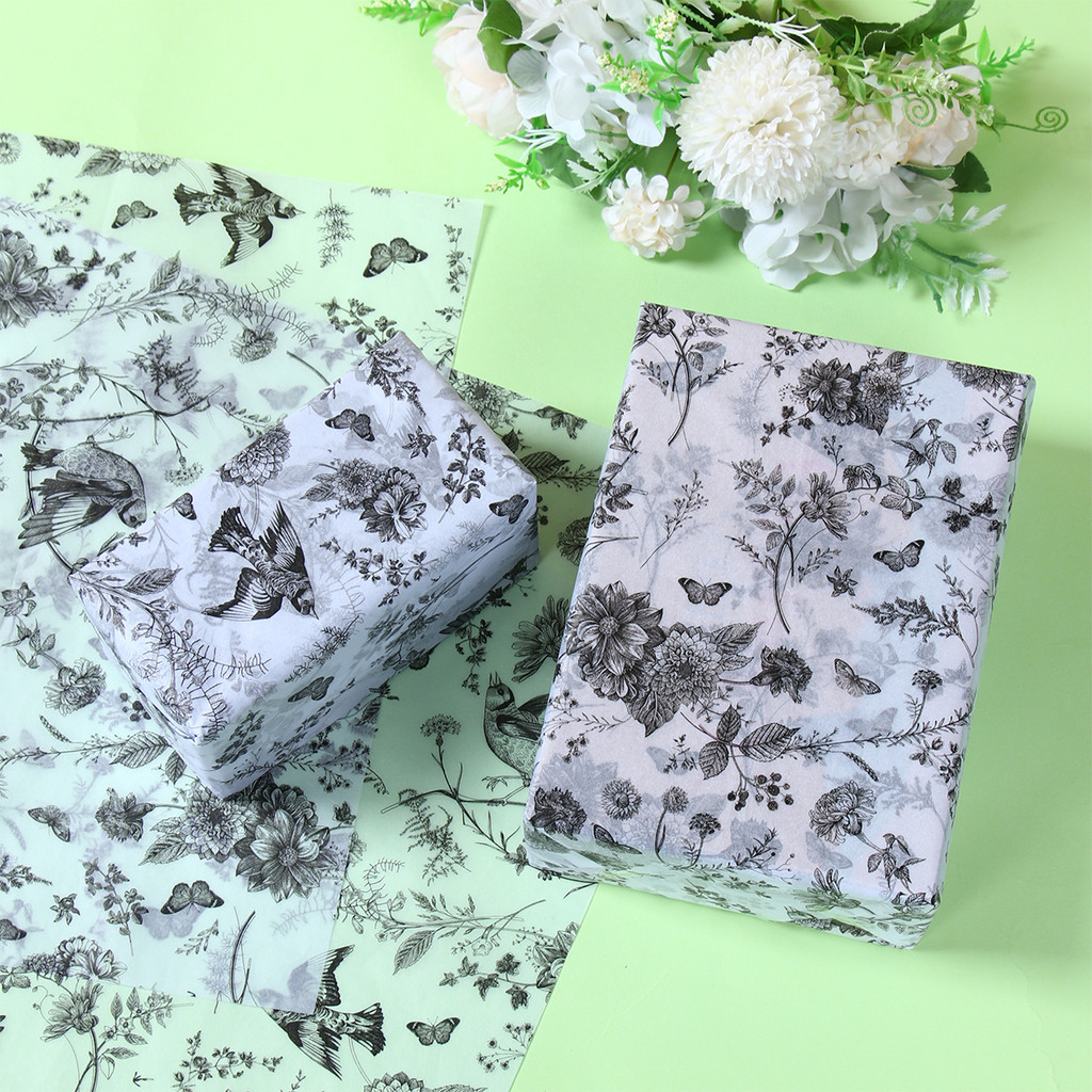 

50pcs 20x14 Inch Black Wildflower Tissue Paper Vintage Floral Art Leaf Pattern Paper for DIY Crafts Gift Wrapping Gift Packaging